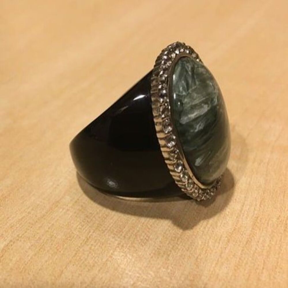 Vintage Style Black Statement Cocktail Ring Green Marbled Oval Stone Size 10